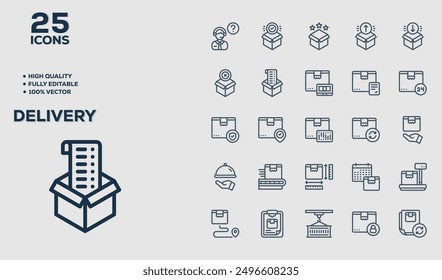 Set of 50 outline icons related to Delivery. Linear icon collection. Editable stroke. Vector illustration