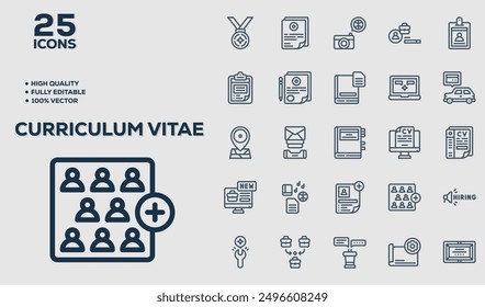 Set of 50 outline icons related to Curriculum Vitae. Linear icon collection. Editable stroke. Vector illustration
