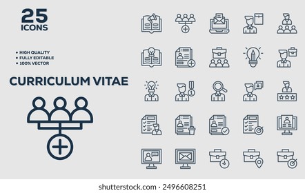 Conjunto de 50 iconos de esquema relacionados con Curriculum Vitae. Colección de iconos lineales. Trazo editable. Ilustración vectorial