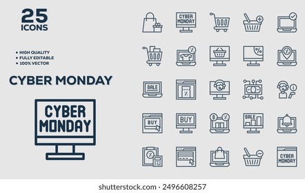 Set of 50 outline icons related to Cyber Monday. Linear icon collection. Editable stroke. Vector illustration