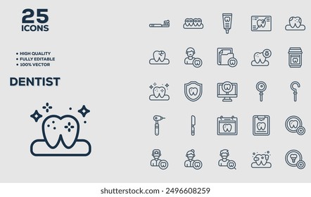 Set of 50 outline icons related to Dentist. Linear icon collection. Editable stroke. Vector illustration