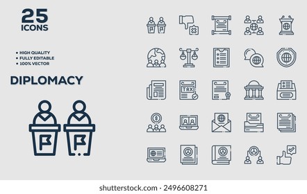 Set of 50 outline icons related to Diplomacy. Linear icon collection. Editable stroke. Vector illustration