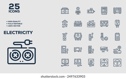 Set of 50 outline icons related to Electricity. Linear icon collection. Editable stroke. Vector illustration