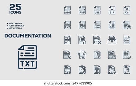 Set of 50 outline icons related to Documentation. Linear icon collection. Editable stroke. Vector illustration