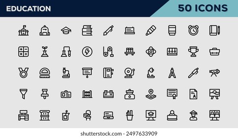 Set of 50 outline icons related to Education. Linear icon collection. Editable stroke. Vector illustration