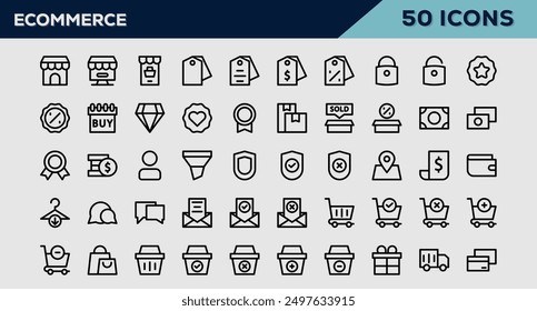 Set of 50 outline icons related to Ecommerce. Linear icon collection. Editable stroke. Vector illustration