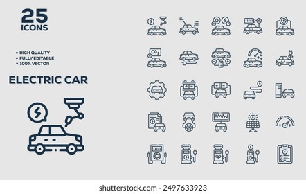 Set of 50 outline icons related to Electric Car. Linear icon collection. Editable stroke. Vector illustration