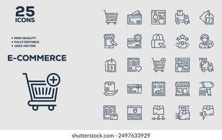 Set of 50 outline icons related to E-Commerce. Linear icon collection. Editable stroke. Vector illustration