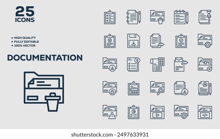Set of 50 outline icons related to Documentation. Linear icon collection. Editable stroke. Vector illustration
