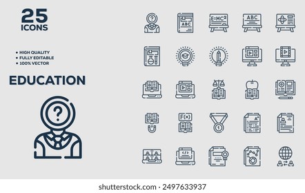 Set of 50 outline icons related to Education. Linear icon collection. Editable stroke. Vector illustration