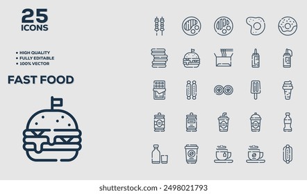 Set of 50 outline icons related to Fast Food. Linear icon collection. Editable stroke. Vector illustration