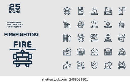 Set of 50 outline icons related to Fire Fighting. Linear icon collection. Editable stroke. Vector illustration