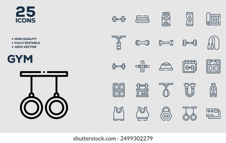Set of 50 outline icons related to Gym. Linear icon collection. Editable stroke. Vector illustration