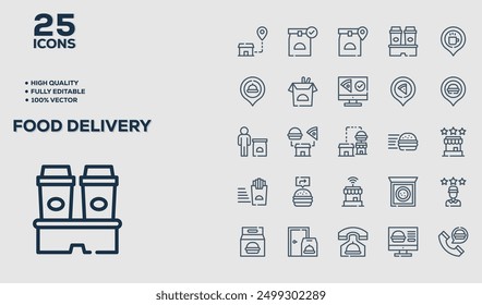 Set of 50 outline icons related to Food Delivery. Linear icon collection. Editable stroke. Vector illustration