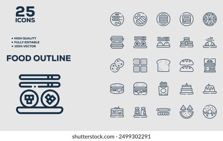 Set of 50 outline icons related to Food Outline. Linear icon collection. Editable stroke. Vector illustration