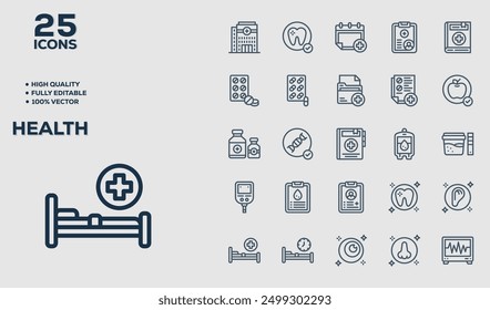 Set of 50 outline icons related to Health. Linear icon collection. Editable stroke. Vector illustration