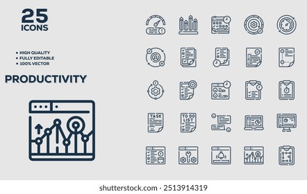 Set of 50 outline icons related to Productivity. Linear icon collection. Editable stroke. Vector illustration