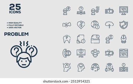 Set of 50 outline icons related to Problem. Linear icon collection. Editable stroke. Vector illustration