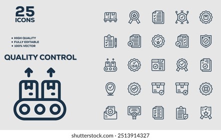 Set of 50 outline icons related to Quality Control. Linear icon collection. Editable stroke. Vector illustration