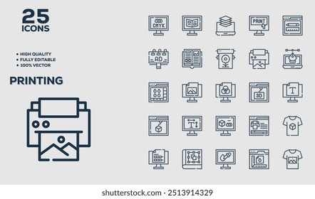 Set of 50 outline icons related to Printing. Linear icon collection. Editable stroke. Vector illustration