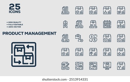 Set of 50 outline icons related to Product Management. Linear icon collection. Editable stroke. Vector illustration