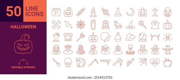 Set of 50 outline icons related to halloween. Linear icon collection. Editable stroke. Vector illustration.