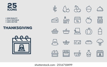 set of 50 outline icons related to  Thanksgiving . Linear icon collection. Editable stroke. Vector illustration