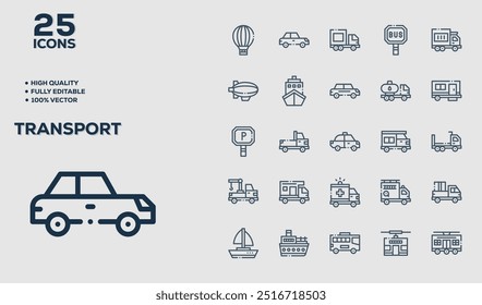 set of 50 outline icons related to  Transport. Linear icon collection. Editable stroke. Vector illustration