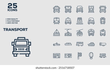 set of 50 outline icons related to  Trabsport. Linear icon collection. Editable stroke. Vector illustration