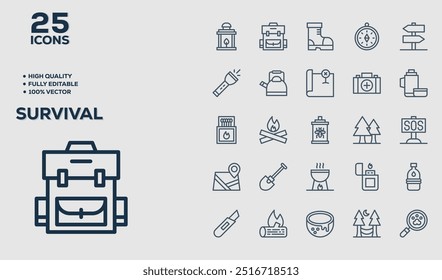 set of 50 outline icons related to  Survival. Linear icon collection. Editable stroke. Vector illustration