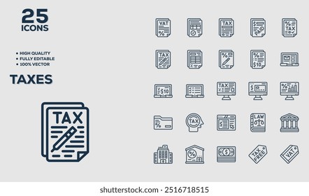 set of 50 outline icons related to  Taxes. Linear icon collection. Editable stroke. Vector illustration