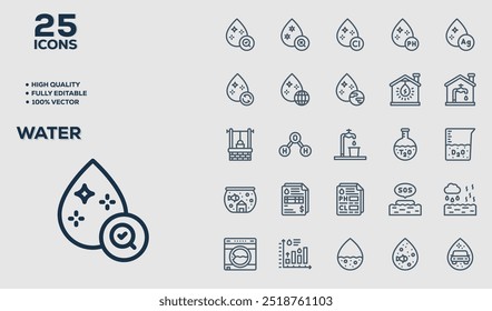Set of 50 outline icons related to  Water. Linear icon collection. Editable stroke. Vector illustration