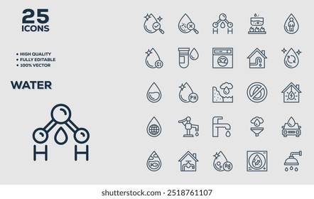 Set of 50 outline icons related to  Water. Linear icon collection. Editable stroke. Vector illustration