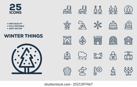 Set of 50 outline icons related to  Winter Things. Linear icon collection. Editable stroke. Vector illustration