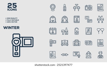 Set of 50 outline icons related to  Winter. Linear icon collection. Editable stroke. Vector illustration
