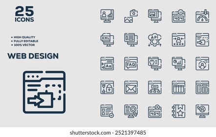 Set of 50 outline icons related to  Web Design. Linear icon collection. Editable stroke. Vector illustration