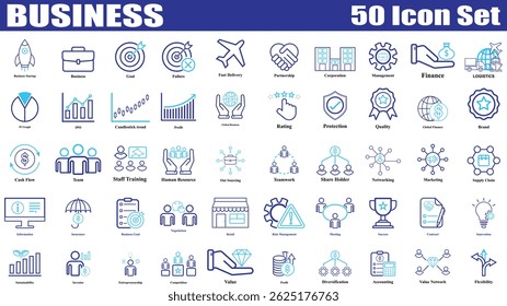 Set of 50 Outline icons related to business. Flat Colorful Business icon collection Isolated. Editable Icon for teamwork, leadership, innovation, strategy, planning, vision, growth, success.