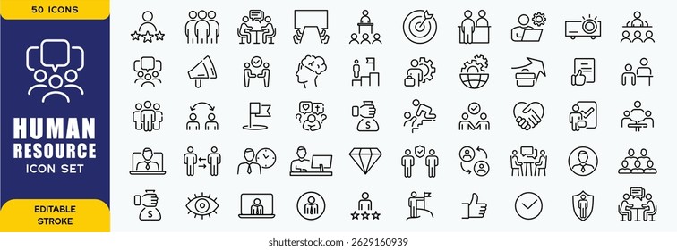 Set of 50 outline icons related to HR, Human Resources, Recruitment, Employment, business, office, company, management. Linear icon collection. Editable stroke. Vector illustration