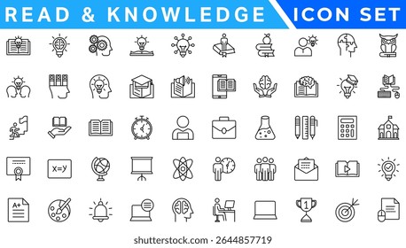 Set of 50 outline icons related to knowledge. Linear icon collection. Editable stroke. Vector illustration