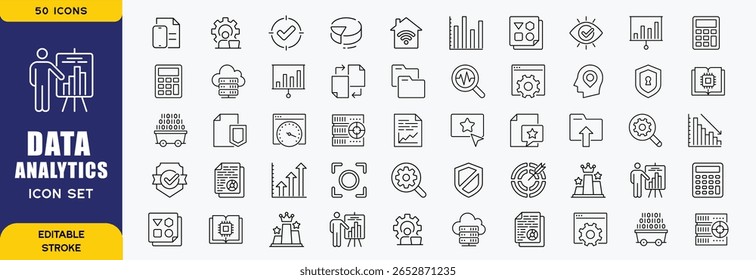 Set of 50 outline icons related to data analytics. Linear icon collection. Editable stroke. Vector illustration