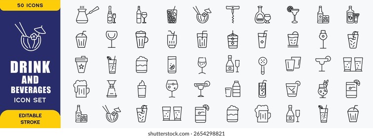 Set of 50 outline icons related to drink and beverages. Linear icon collection. Editable stroke. Vector illustration