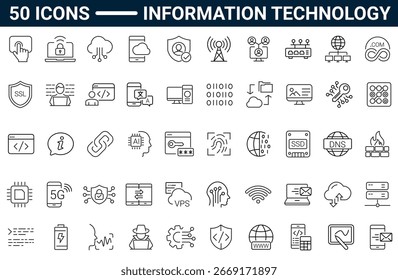 Set of 50 outline icons related to information technology. Linear icon collection. Editable stroke. Vector illustration. Pictograms and infographics for mobile apps. 