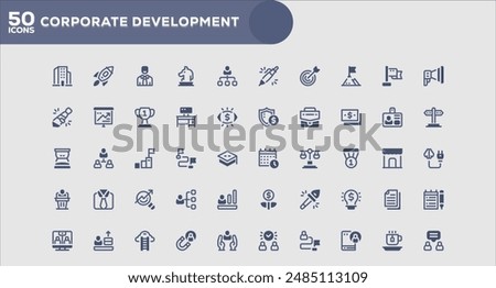 Set of 50 outline icons related to Corporate Development. Linear icon collection. Editable stroke. Vector illustration