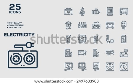 Set of 50 outline icons related to Electricity. Linear icon collection. Editable stroke. Vector illustration