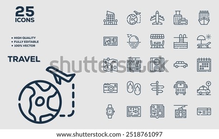 Set of 50 outline icons related to  Travel. Linear icon collection. Editable stroke. Vector illustration