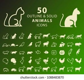 Set of 50 Outline and Solid Animals Icons . Vector Isolated Elements