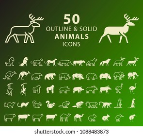 Set of 50 Outline and Solid Animals Icons . Vector Isolated Elements