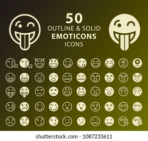 Set of 50 Outline and Solid Emoticons . Vector Isolated Elements