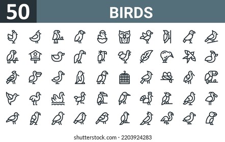 set of 50 outline web birds icons such as chicken, quail, parrot, kakapo, chick, owl, mandarin duck vector thin icons for report, presentation, diagram, web design, mobile app.