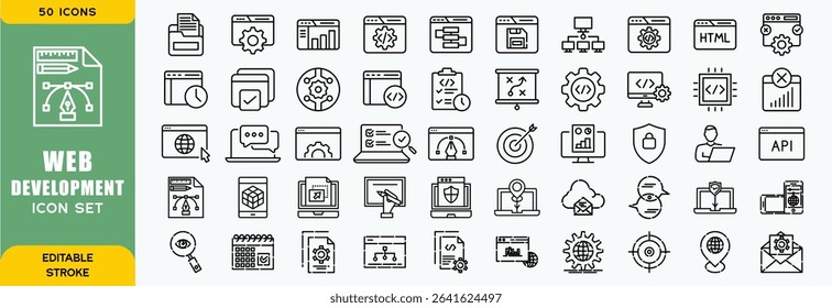  Set of 50 outline web development icons related to software. Linear icon collection. Editable stroke. Vector illustration